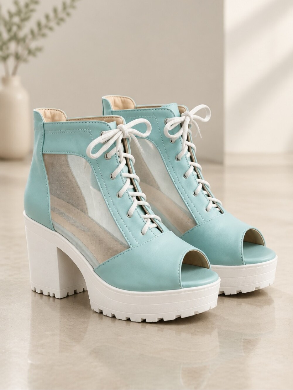 Wet Seal Platform Booties Lace-Up Open-Toe Chunky Heel Sandals in Soft Blue 6.5